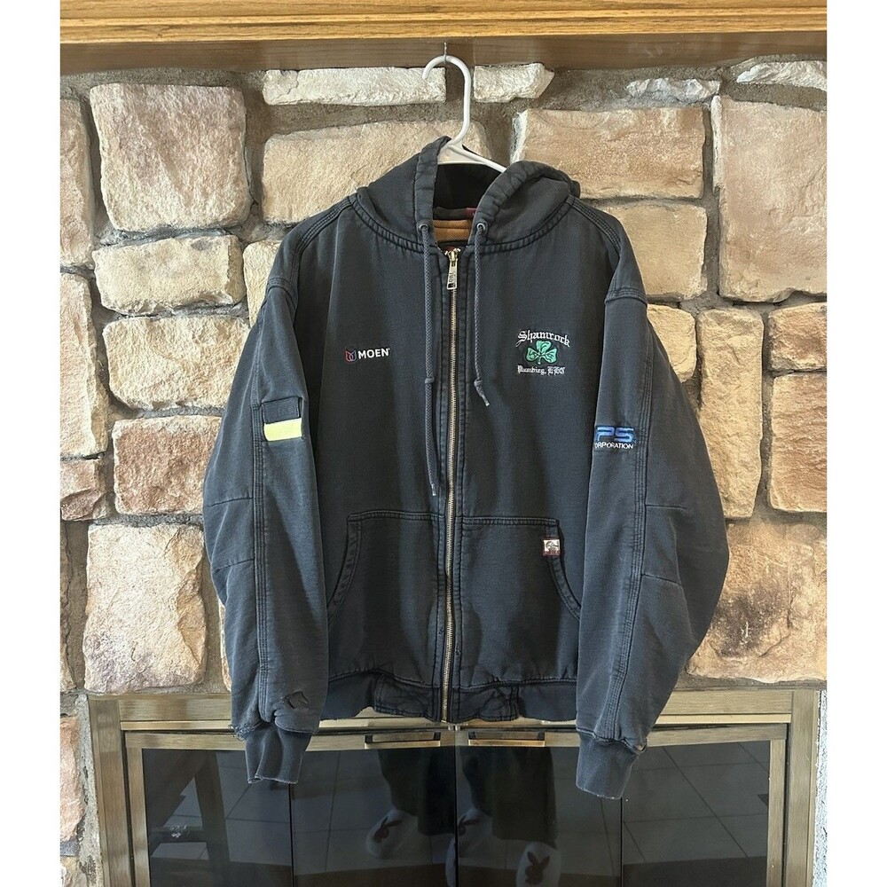 VTG Y2K Dri Duck Jacket Men L Black Zip Up Hoodie Lined Work Patches Distressed